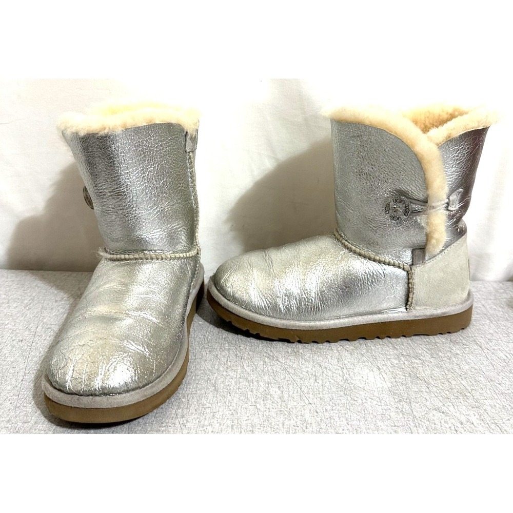 UGG Bailey Button Youth Girl's Size 3 Metallic Silver Short Shearling Boots
